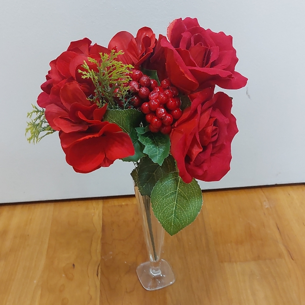 ASHLAND, Red Faux Rose and Hydragena Bouget. Vase Not Included.